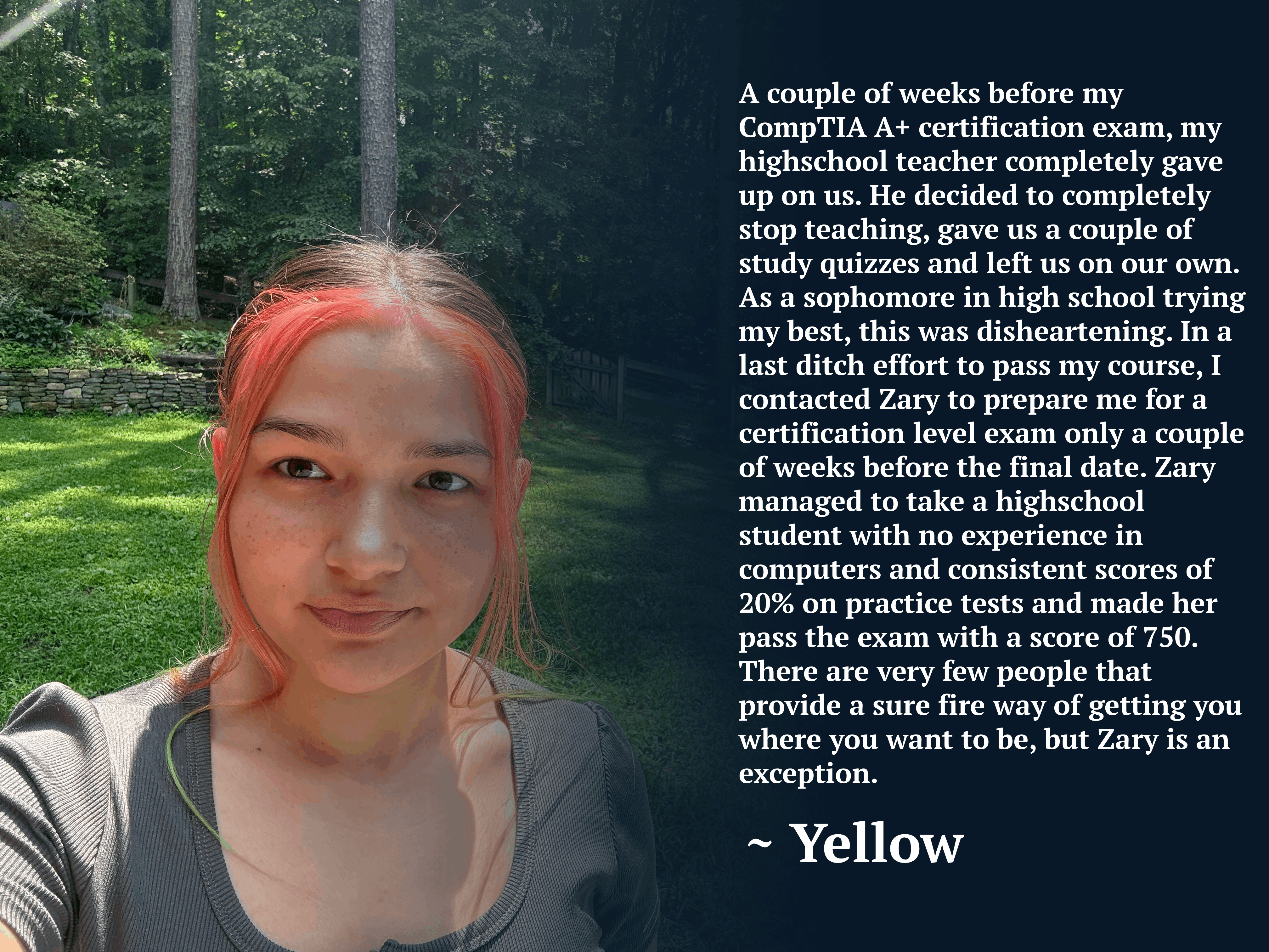 Featured review from Yellow about passing the CompTIA A+ certification exam with a score of 750